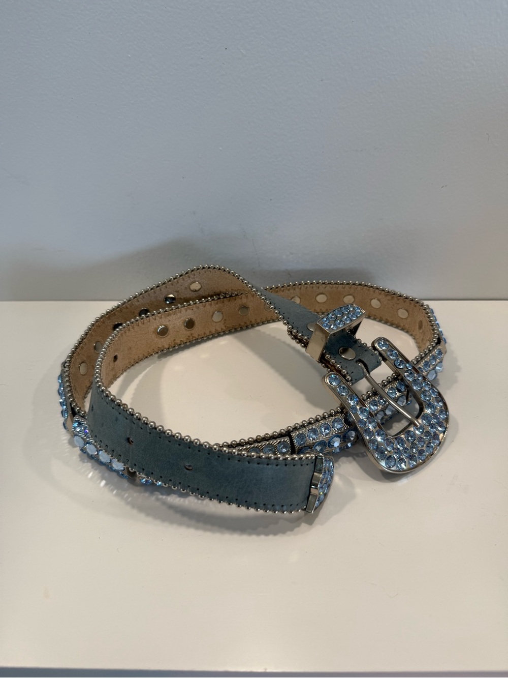 B.B. Simon Swarovski Crystal Embellished Light Blue Leather Belt - Women’s